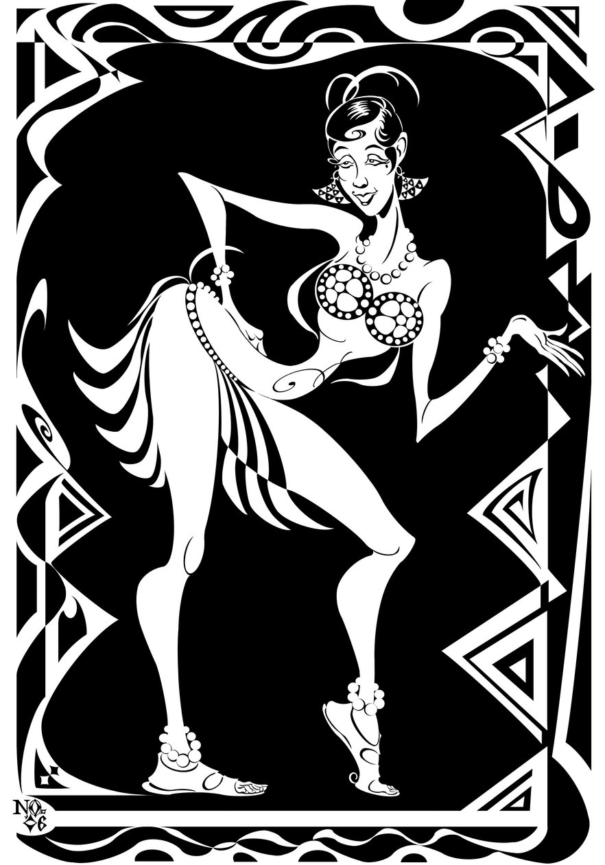 Josephine Baker, amerikansk danser og sangerinde (1906-75), bw karikatur med zig-zag kant, 2006 af Neale Osborne af Neale Osborne
