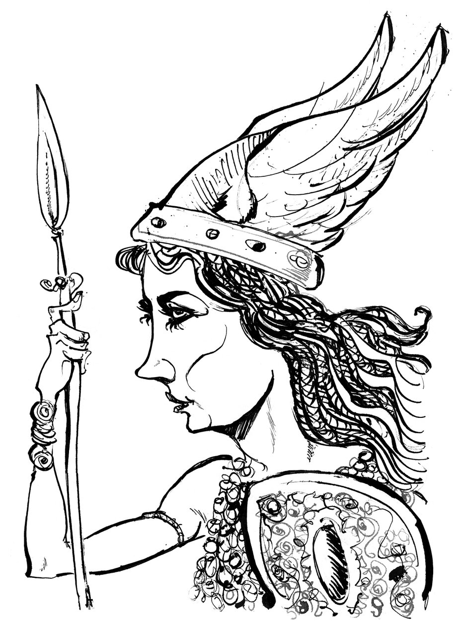 Kirsten Flagstad som Brünnhilde fra operaen Die Walküre af Richard Wagner (tysk komponist 1813-83); sort-hvid karikatur af Neale Osborne