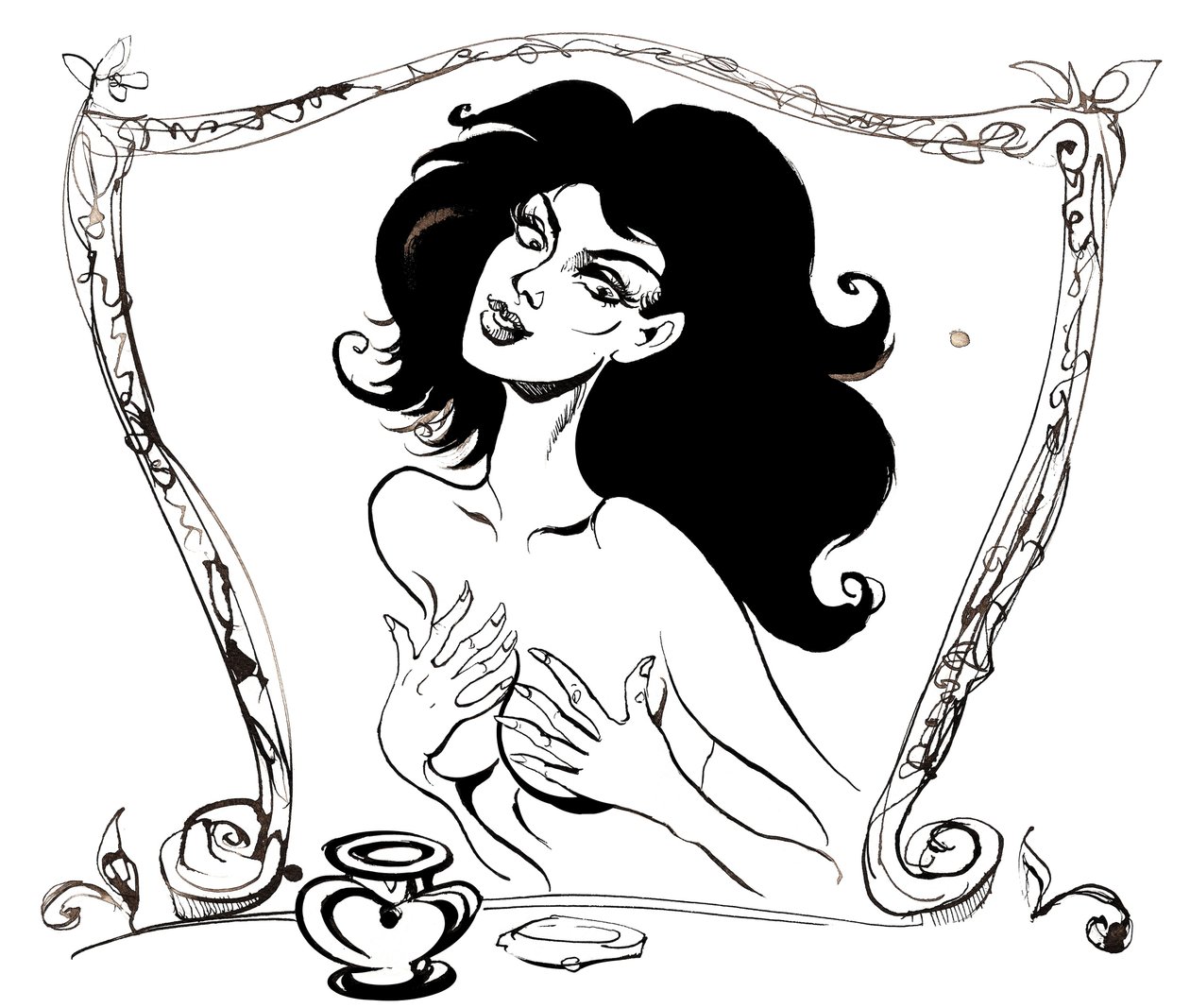 Margarita foran spejlet illustration til Mesteren og Margarita af Mikhail Bulgakov (russisk dramatiker og forfatter, 1891-1940); blæktegning, 2015 af Neale Osborne