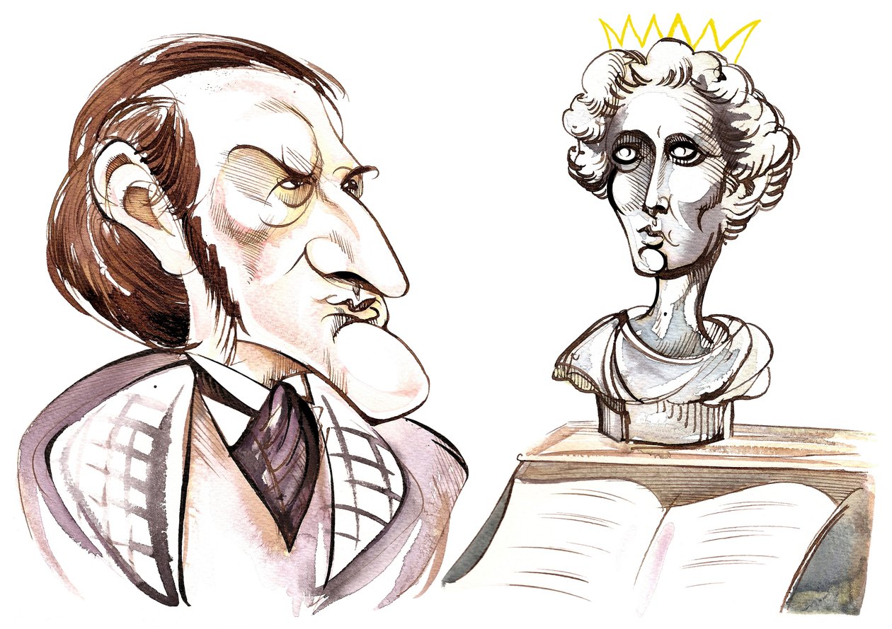 Richard Wagner - karikatur af den tyske komponist med en buste af den gale kong Ludwig II af Bayern (1845-86) af Neale Osborne