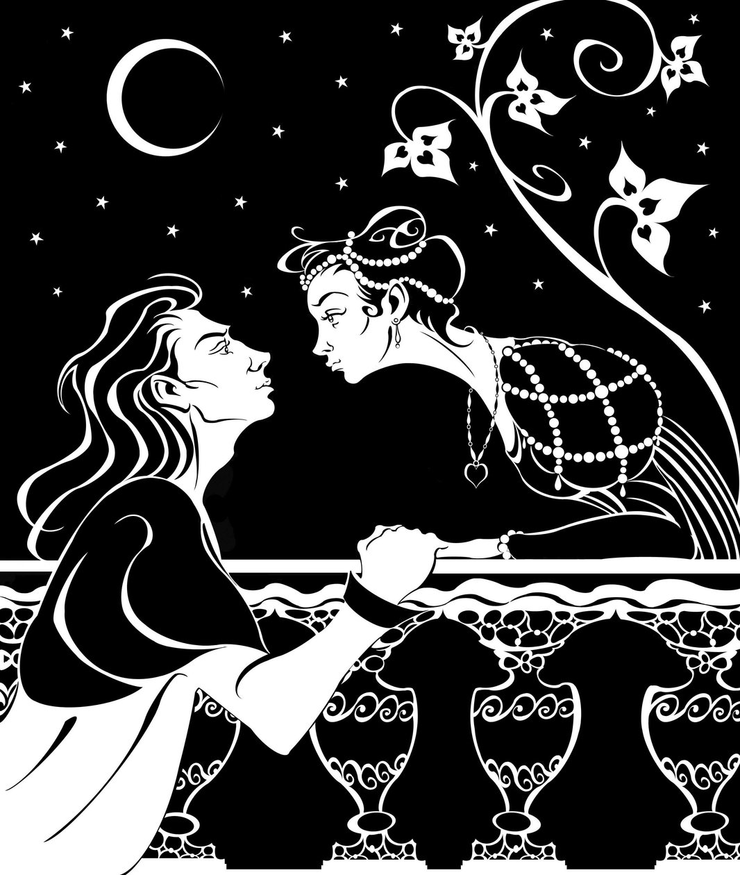 Romeo og Julie - illustration af balkonscenen fra stykket af William Shakespeare af Neale Osborne