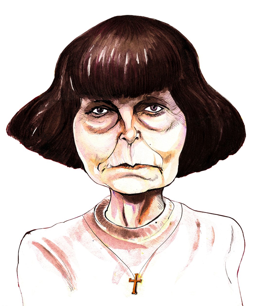 Sofia Gubaidulina, russisk komponist karikatur i farver og blæk af Neale Osborne
