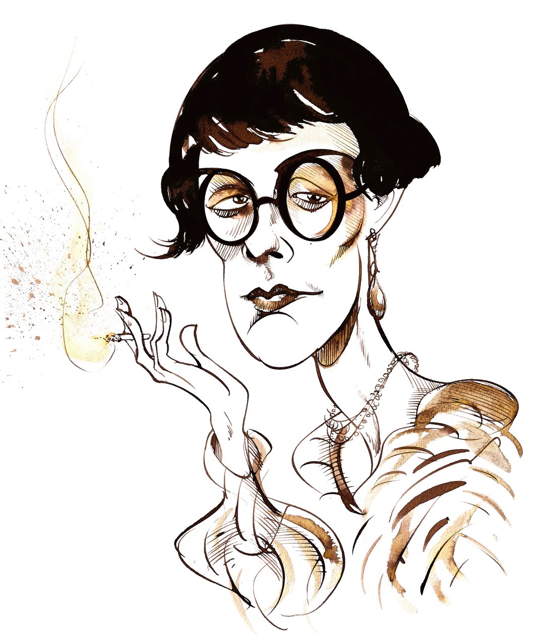Sylvia Townsend Warner - karikatur med cigaret i hånden af Neale Osborne