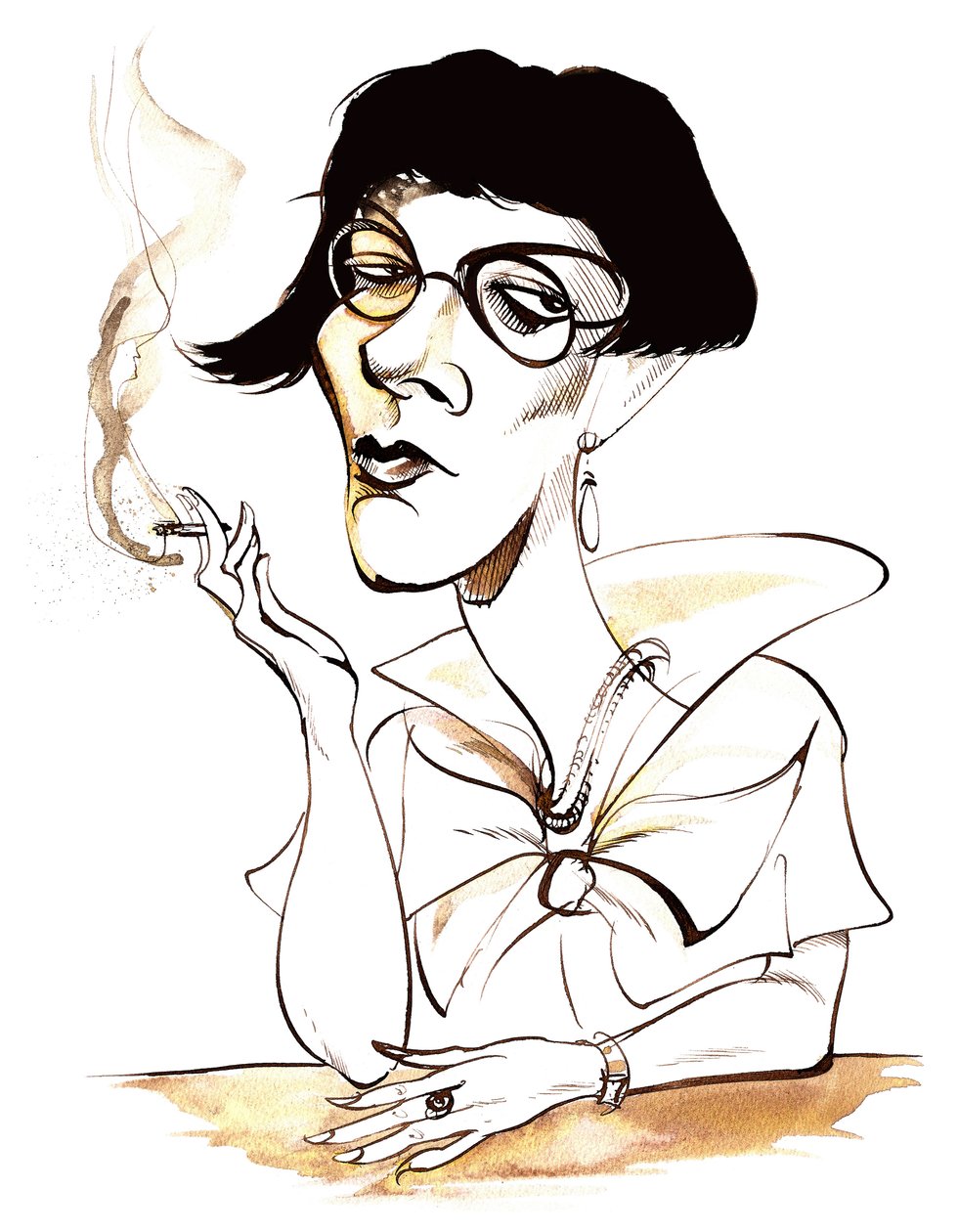 Sylvia Townsend Warner - karikatur med cigaret i hånden af Neale Osborne