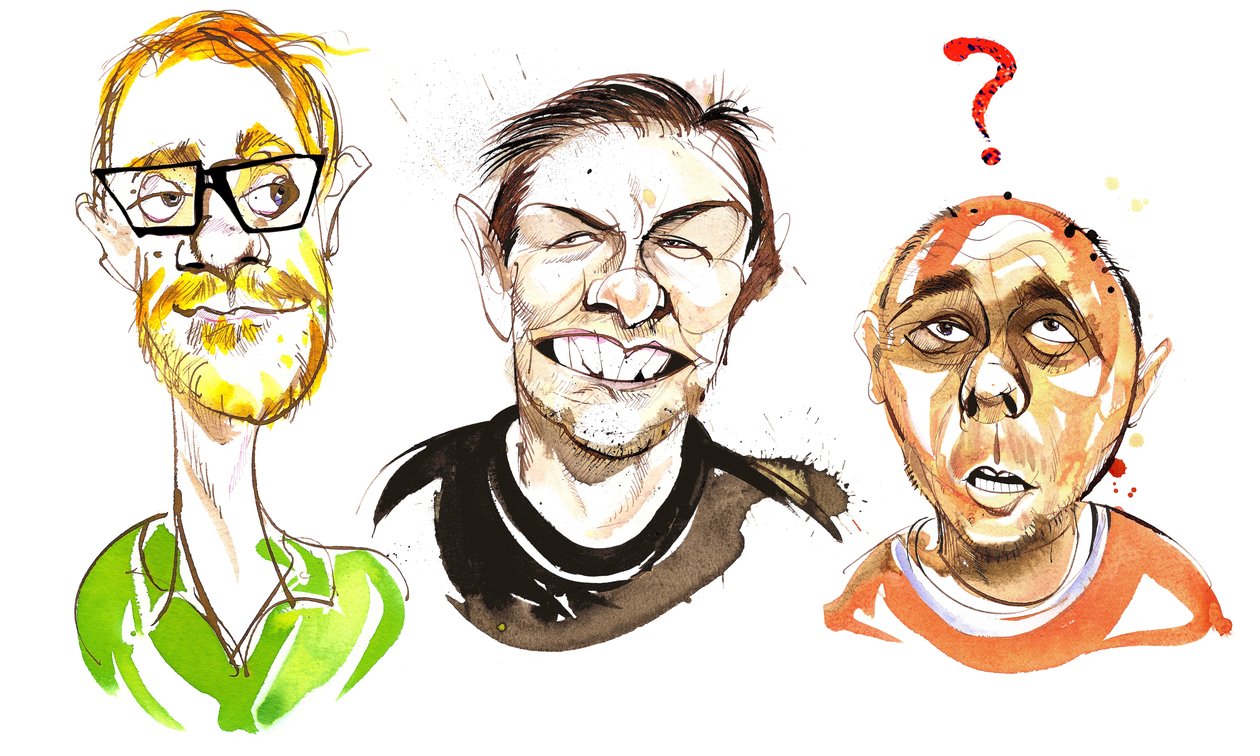 The Ricky Gervais Show med engelske komedieskuespillere: Stephen Merchant , Ricky Gervais og Karl Pilkington af Neale Osborne