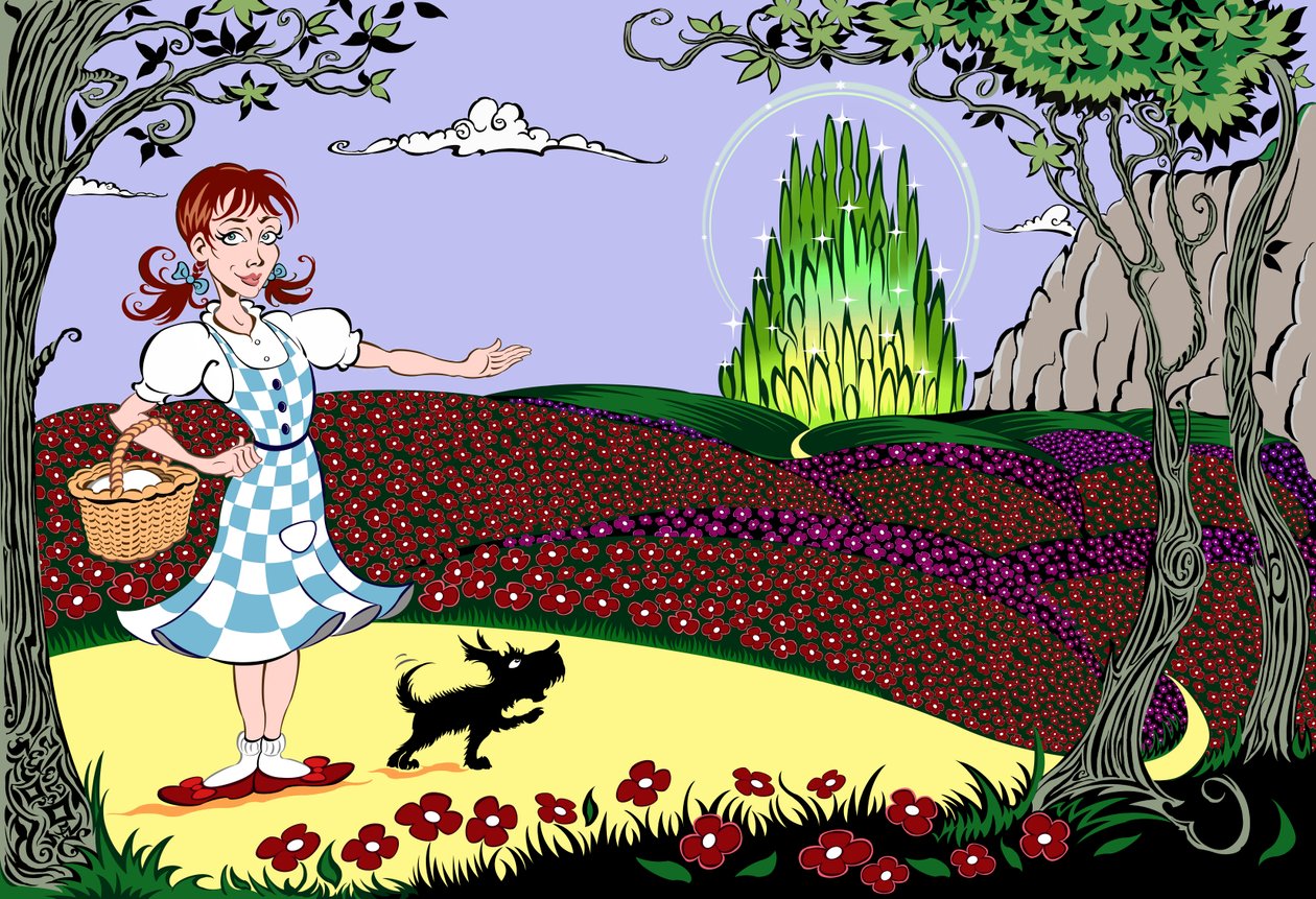 The Wonderful Wizard of Oz: Dorothy og Toto på Yellow Brick Road på vej til Emerald City af Neale Osborne
