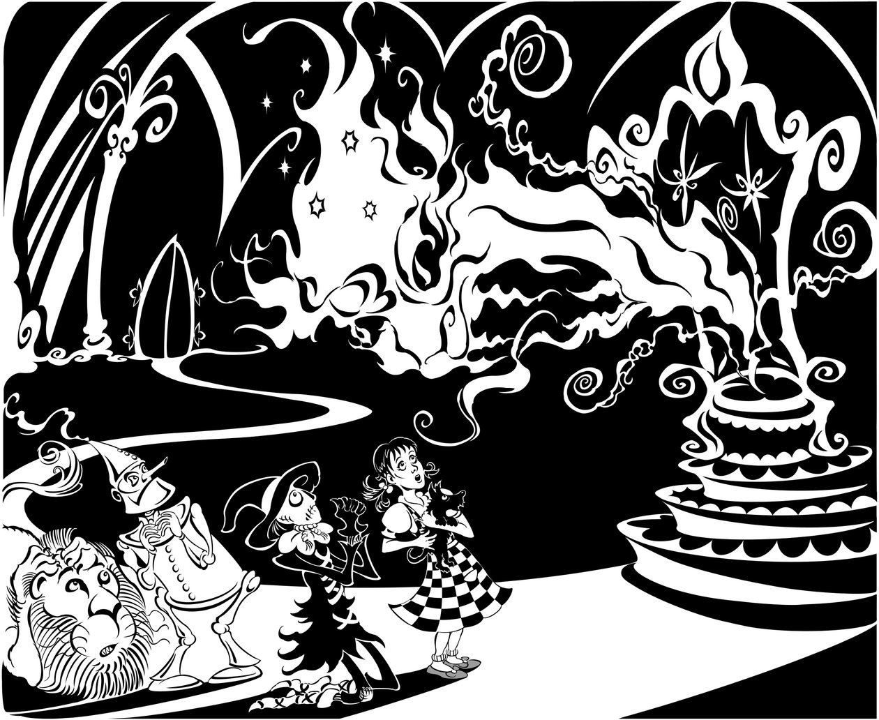 The Wonderful Wizard of Oz: The Great Oz, taler til Dorothy, Scarecrown, Tin Man, the Lion og Toto af Neale Osborne