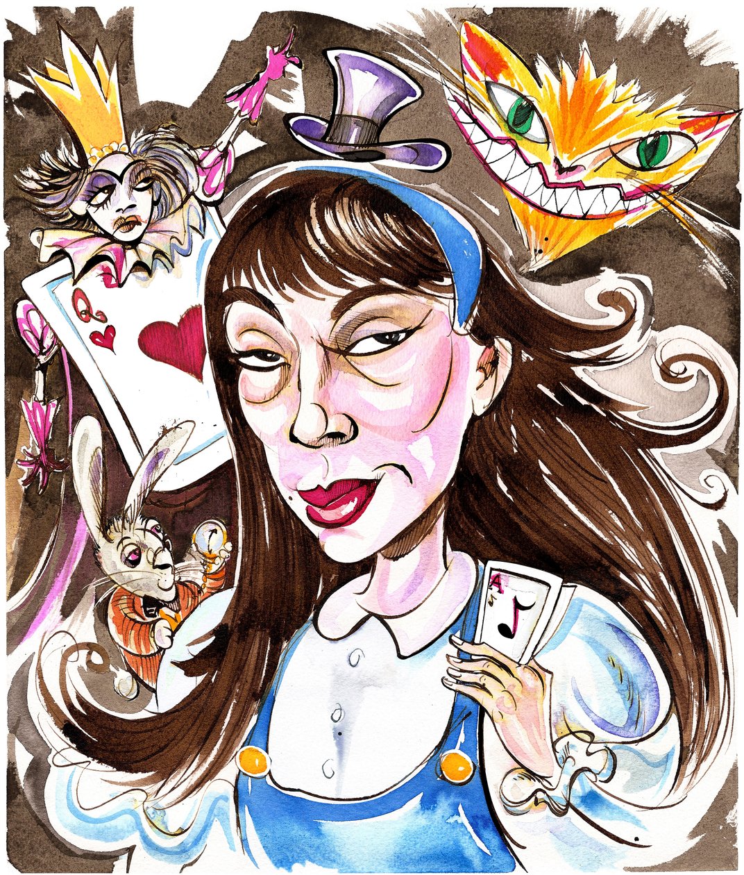 Unsuk Chin - karikatur som Lewis Carrolls Alice, med henvisning til hendes opera Alice i Eventyrland fra 2007 af Neale Osborne