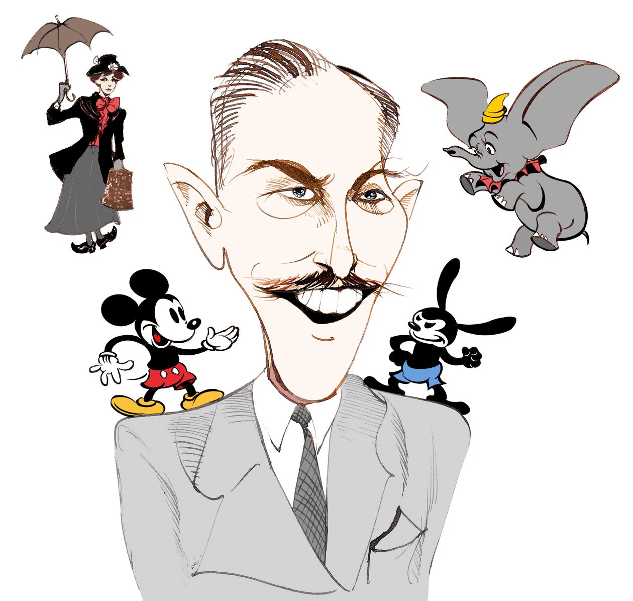 Walt Disney, amerikansk filmproducent, forretningsmagnat, tegneserieskaber og animator; karikeret med Mary Poppins af Neale Osborne