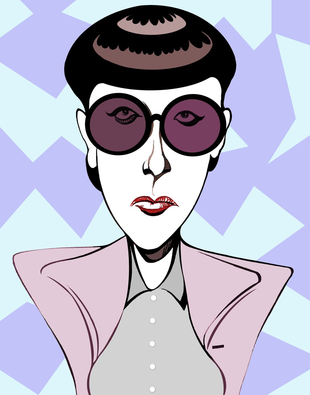 Edith Head, amerikansk kostumedesigner (1907 - 1981), farvekarikatur med mørke briller af Neale Osborne