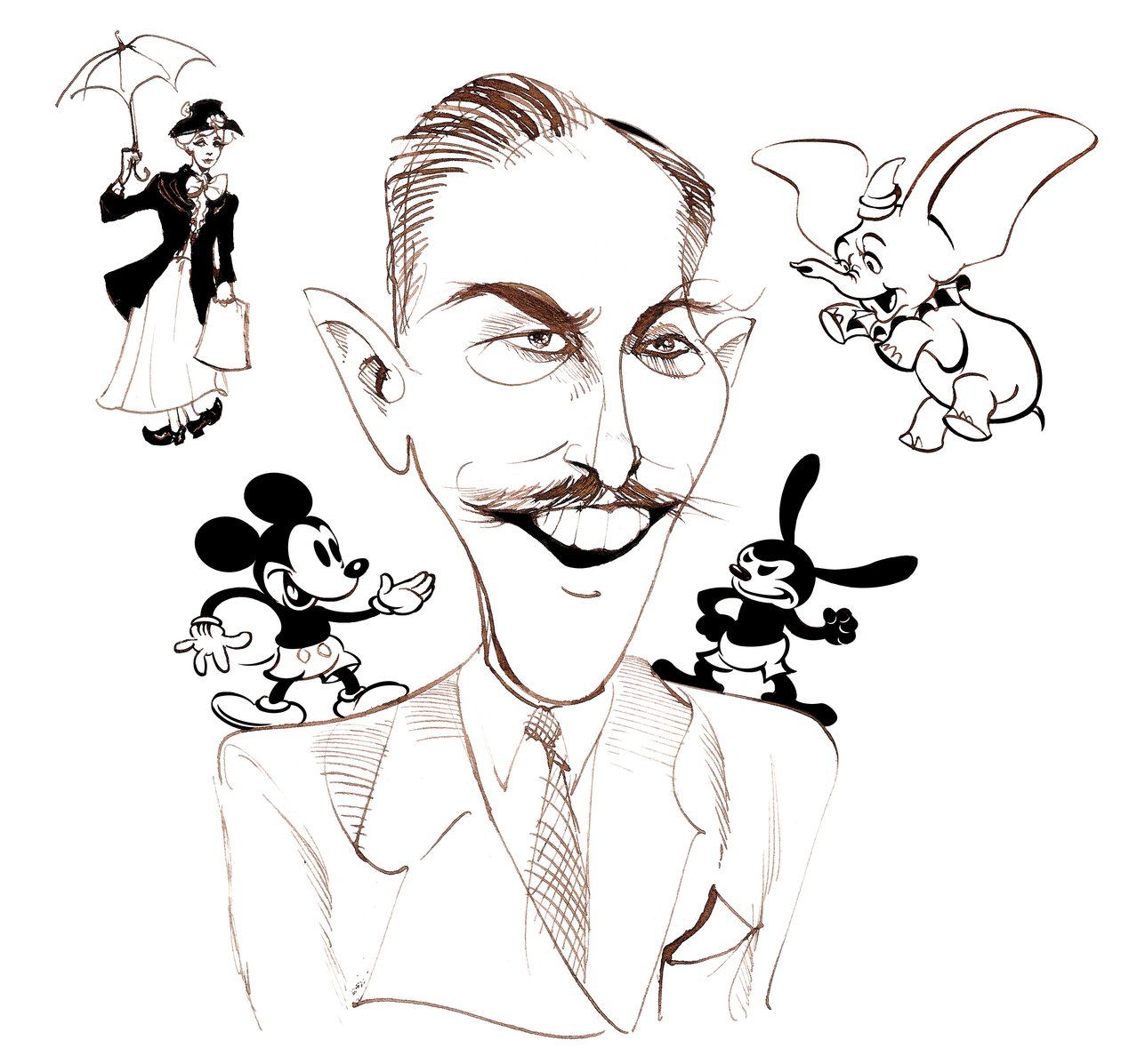Walt Disney, amerikansk filmproducent, forretningsmagnat, tegneserieskaber og animator; karikeret med Mary Poppins af Neale Osborne