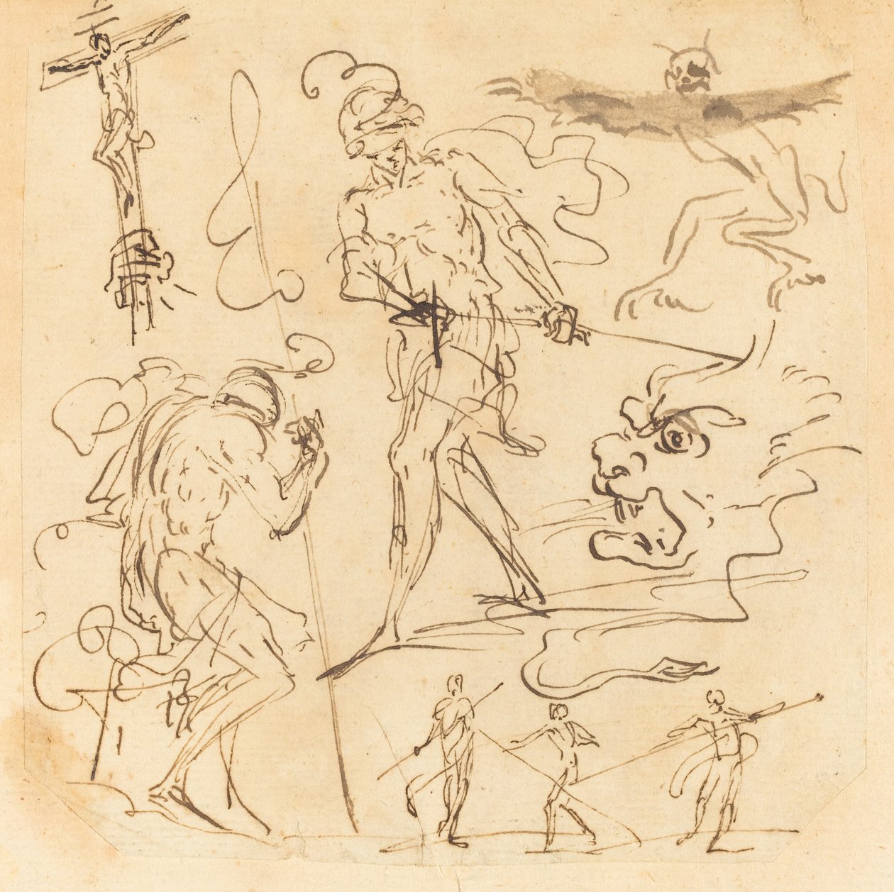 Ark med studier med en soldat, der tegner et sværd, et krucifiks, monstrøse dyr og andre figurer af Neapolitan 17th Century