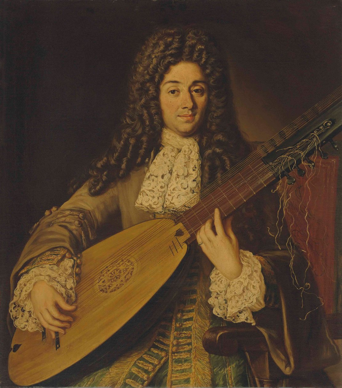 Portræt af en musiker, sandsynligvis Petruccio, halvlangt, der spiller en teorbo af Neapolitan School