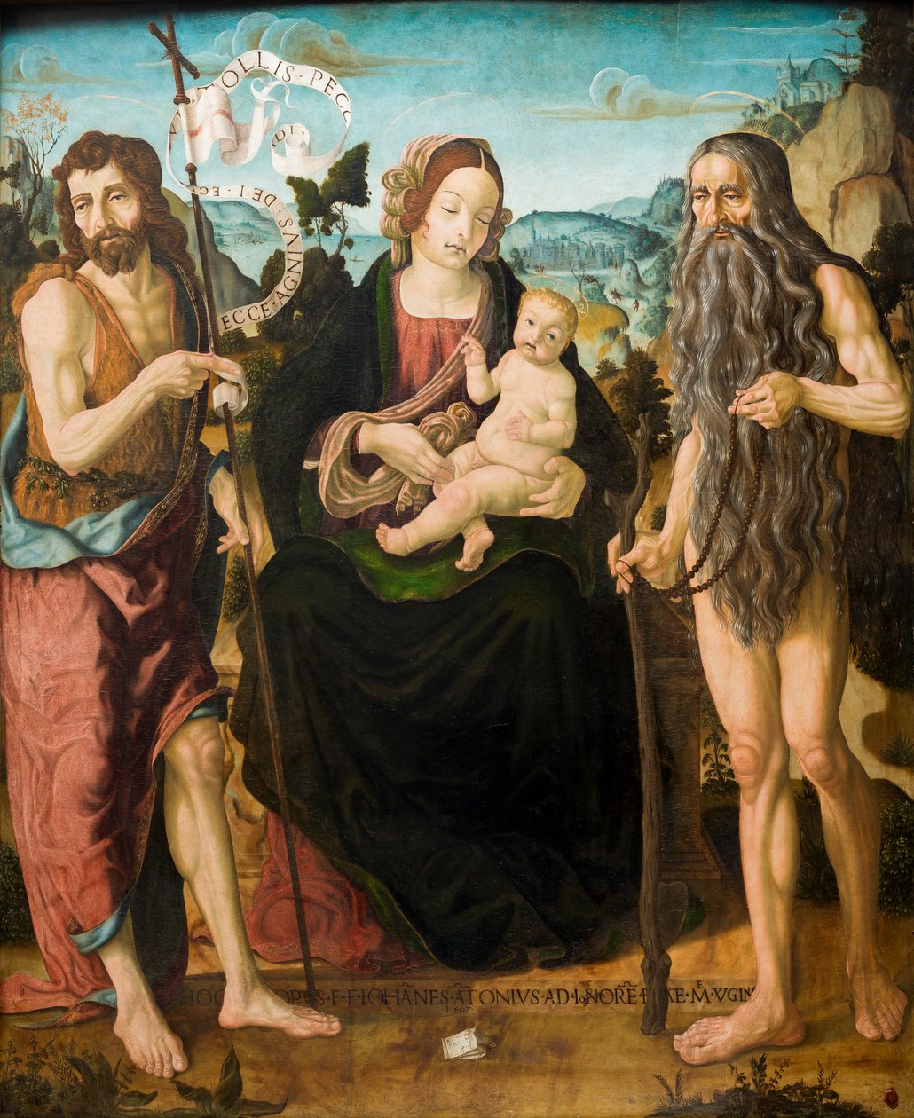 Jomfru og barn mellem St. Johannes Døberen og St. Onuphrius (tempera på panel) af Neapolitan School