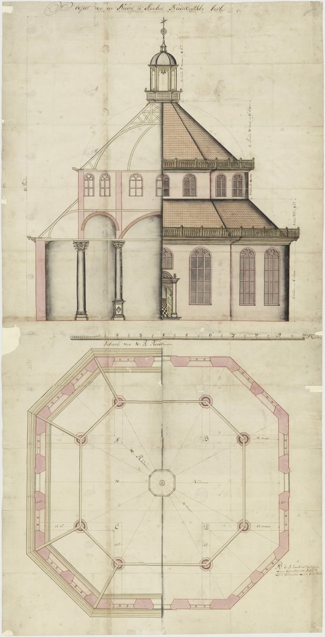Konstruktionstegning til en kirke, der skal bygges i Batavia af Nederlands