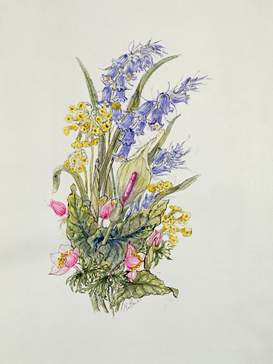 Blåklokke posy med cowslips, dogroses og lilje af Nell Hill