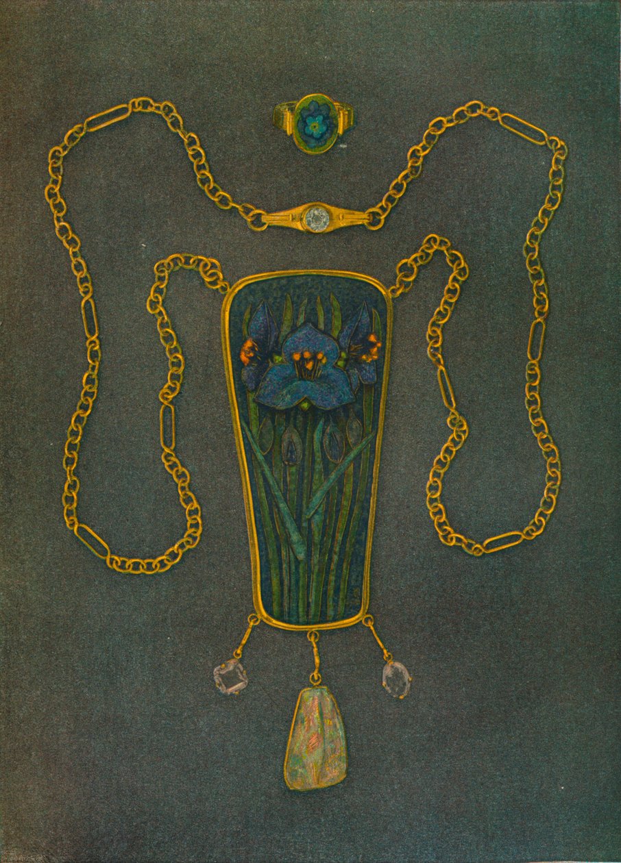 En halskæde i guld, emalje og ædelsten, c1901 af Nelson Ethelred Dawson