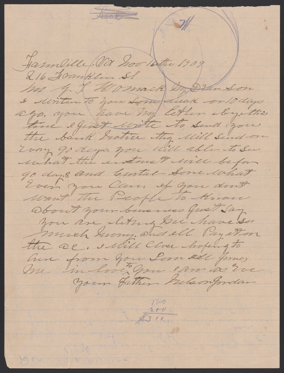 Brev fra Nelson Jordan til Julia Womack med en konvolut, 16. november 1909. af Nelson Jordan