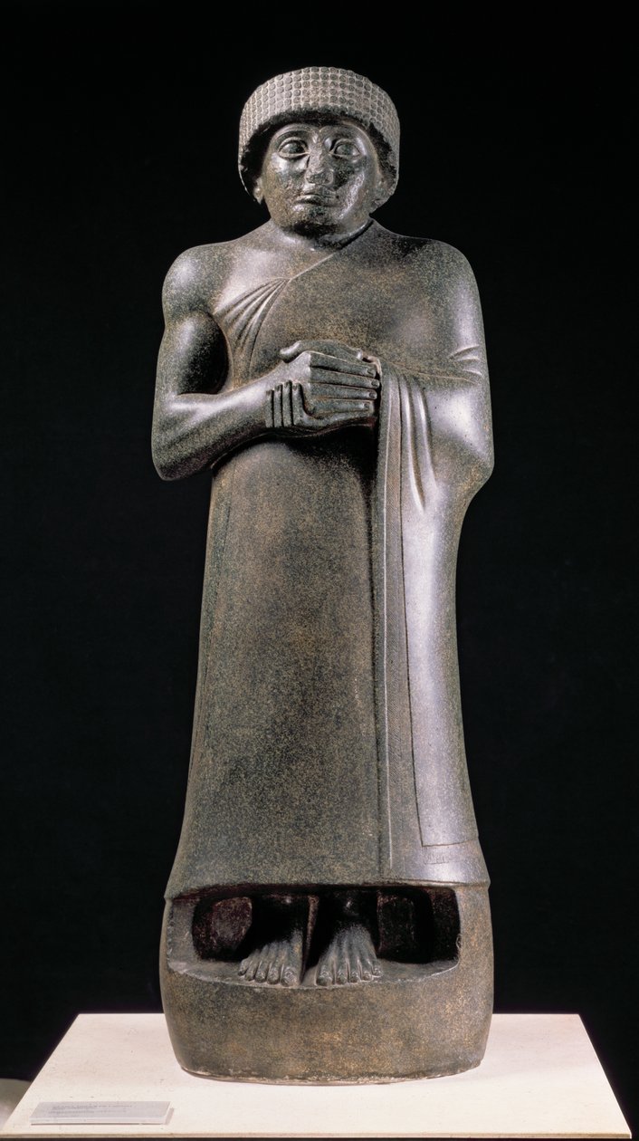 Statue af en konge med foldede hænder, muligvis Gudea, Prins af Lagash, fra Telloh (gamle Girsu) ca. 2130 f.Kr. (diorit) af Neo Sumerian Neo Sumerian