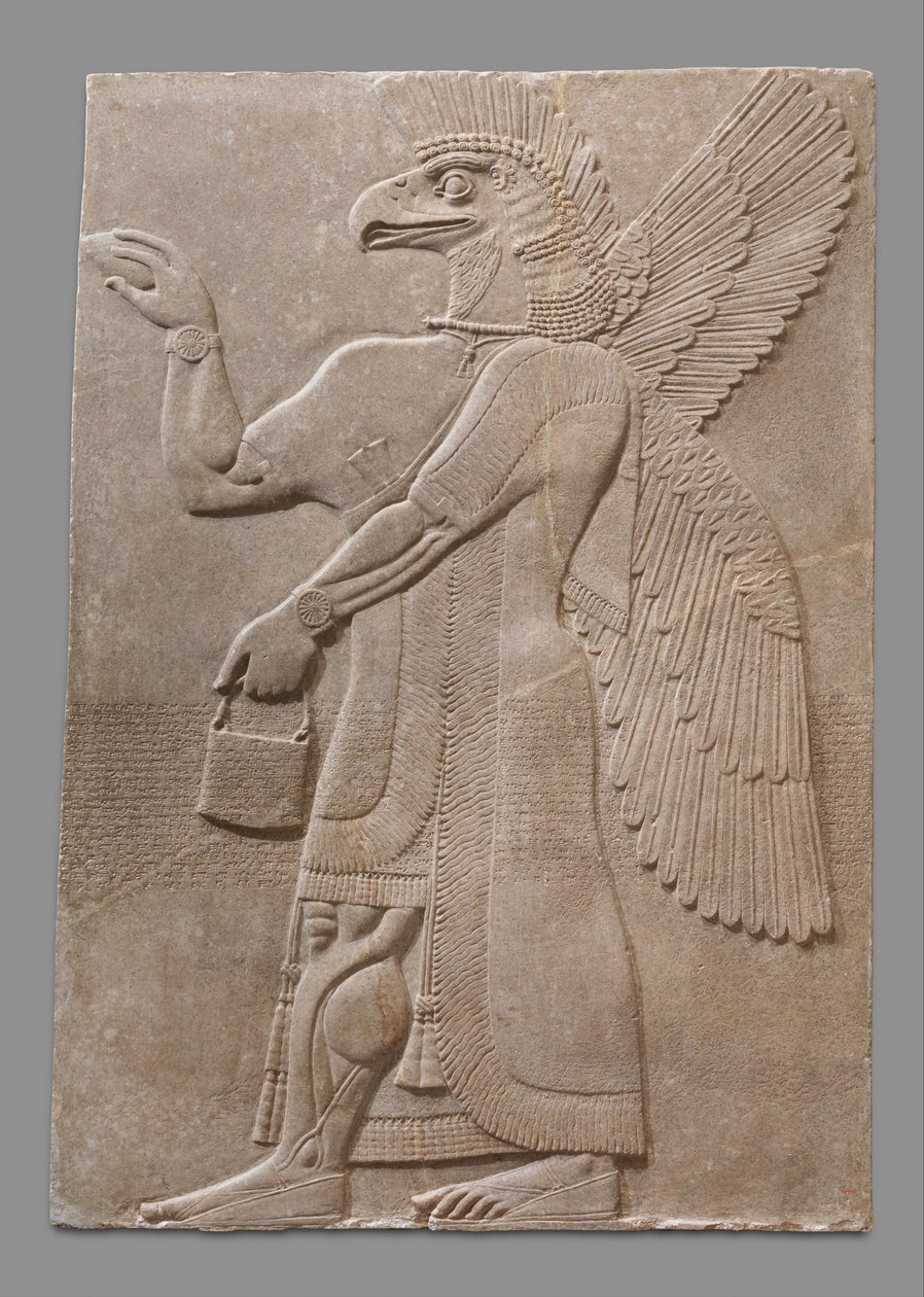 Reliefpanel af overnaturlig figur med bevinget ørnehoved, ca. 883-59 f.Kr. (gipsalabast) af Neo Assyrian