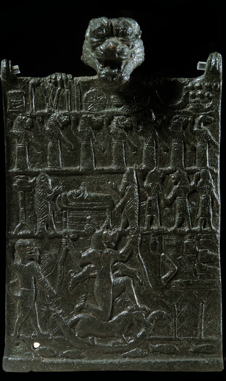Mesopotamien: bronze-trylleplade mod den dæmoniske guddom Lamashtu. Repræsentation af en eksorcismescene. Neo-assyrisk periode (v 1000-612 f.Kr.). 750 f.Kr. Paris, Louvre-museet af Neo Assyrian Neo Assyrian