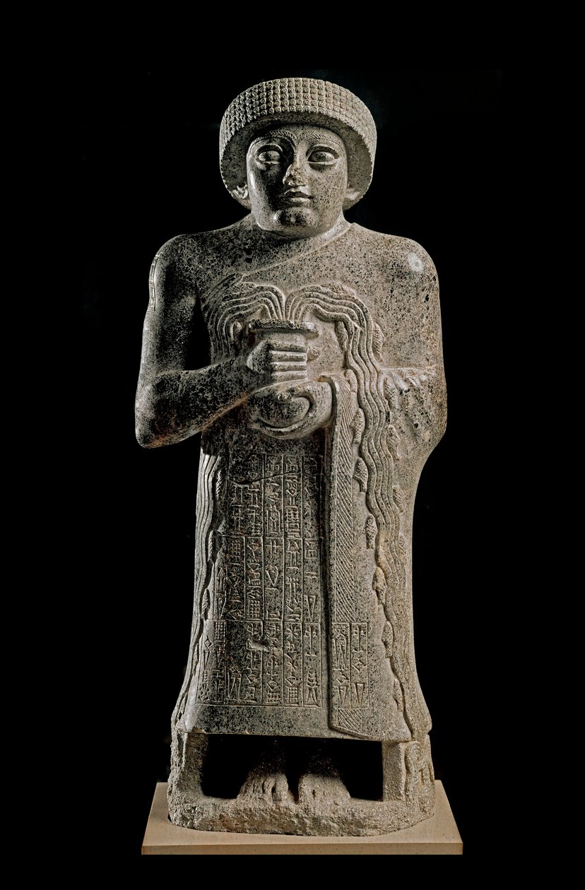 Sumerisk kunst: Detalje af statuen af Gudea, prins af Lagash kendt som "" med den brusende vase"" og dedikeret til gudinden Geshtinanna af Neo Sumerian Neo Sumerian