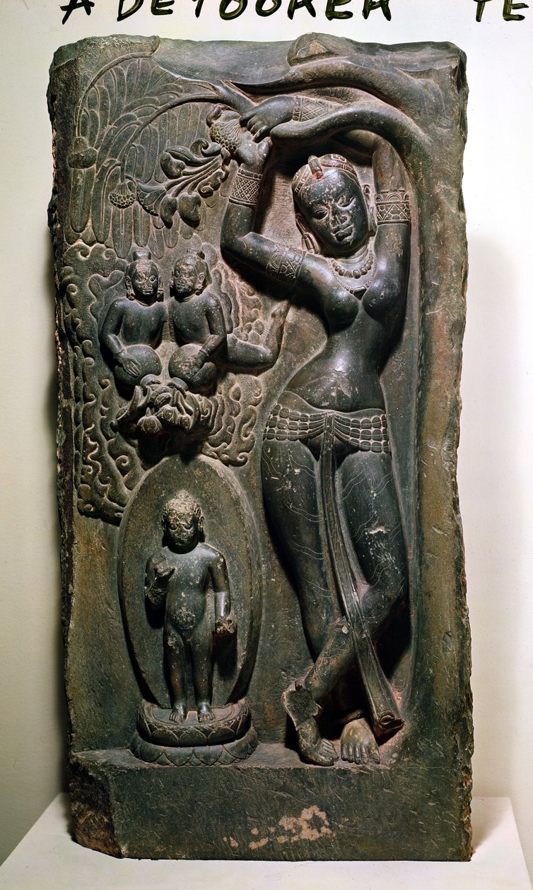 Dronning Maya føder den fremtidige Buddha (kalksten) af Nepalese School