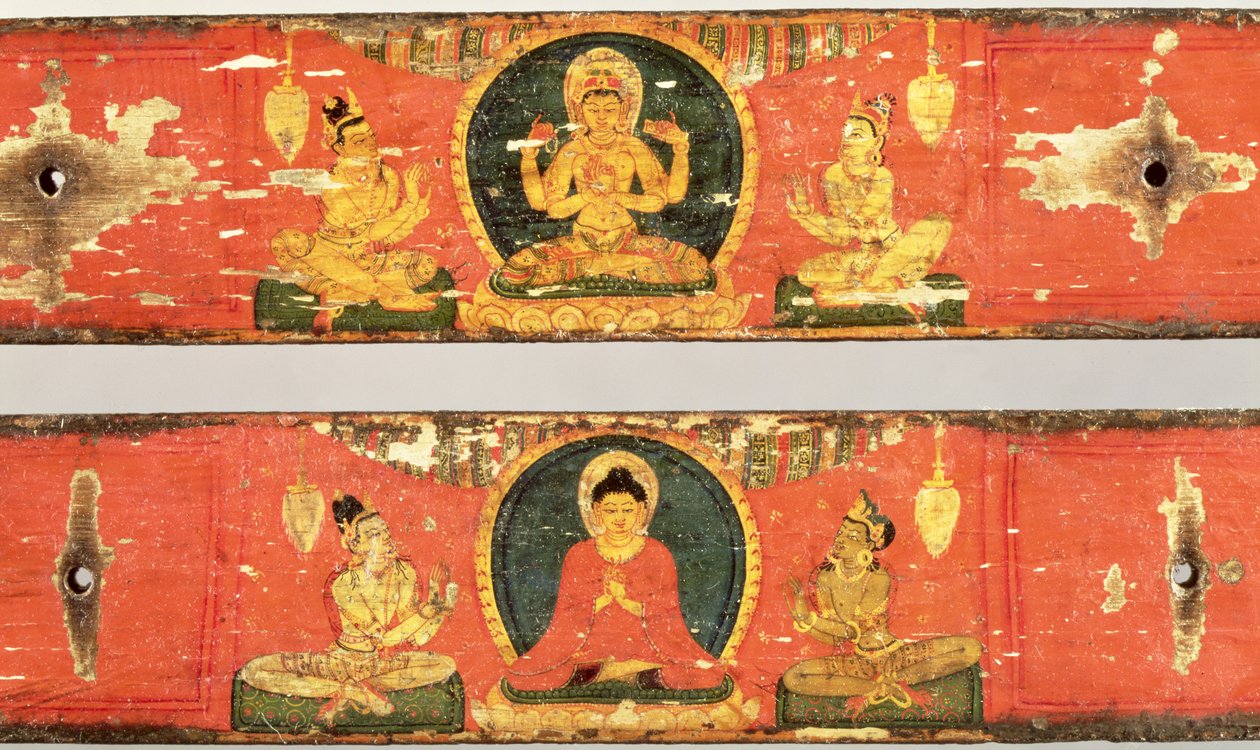 Siddende Bodhisattva (Prajnaparamita) (øverst) og Buddha omgivet af en mandorla (nedenunder) detalje fra Sutra-omslag, ca. 1100 (polykromt træ) (detalje af 114238) af Nepalese School