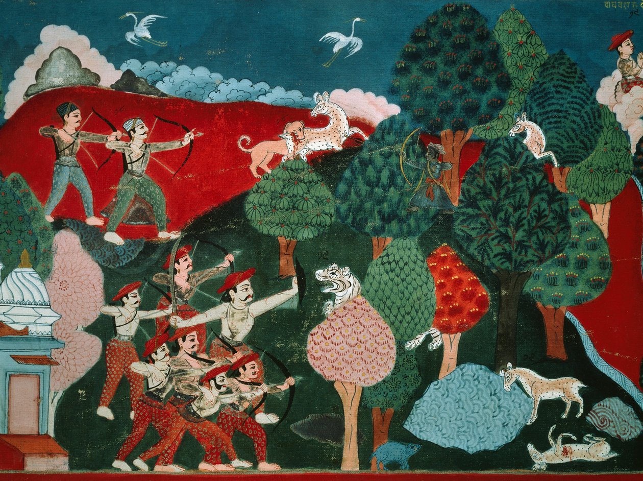 En konge, der bruger sine dage på at dræbe fattige gazeller uden grund, senere, i et andet liv, er han gazelle og bliver dræbt af jæger, detaljer fra Swayambhu Purana, vigtig buddhistisk hellig tekst i Nepal, gouache, nepalesisk civilisation af Nepalese School
