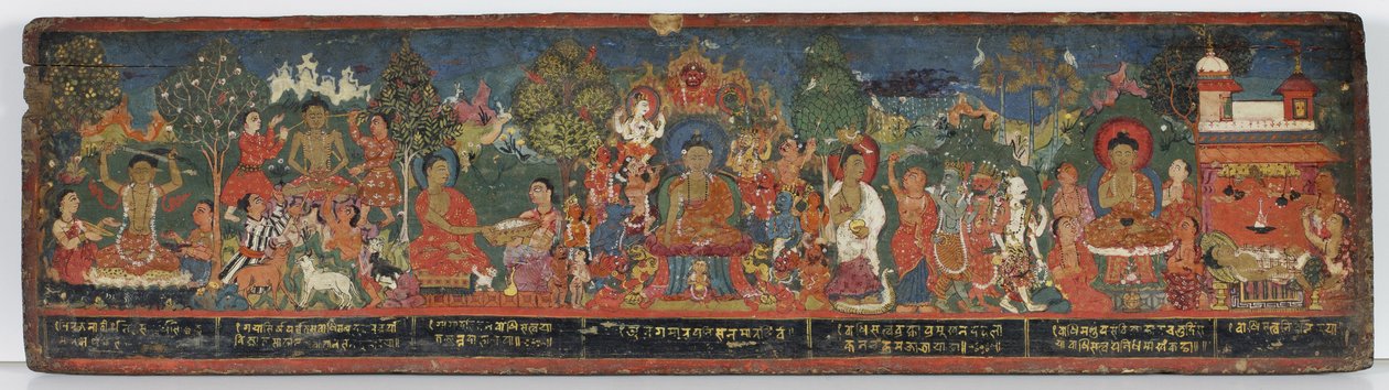 Buddhistisk manuskriptomslag (ugennemsigtigt wc på træ) af Nepalese School