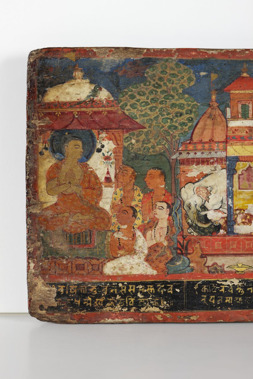 Detalje fra et buddhistisk manuskriptomslag (ugennemsigtigt wc på træ) af Nepalese School