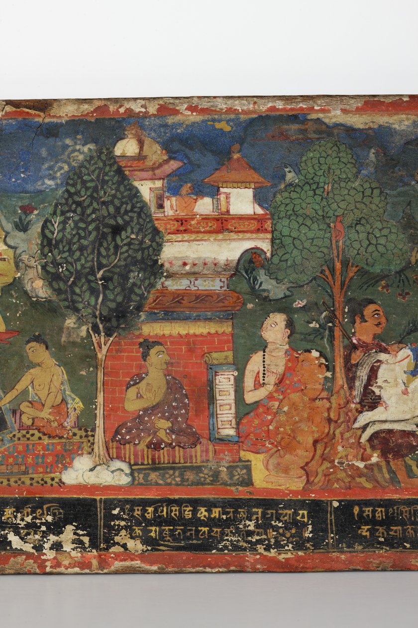 Detalje fra et buddhistisk manuskriptomslag (ugennemsigtigt wc på træ) af Nepalese School