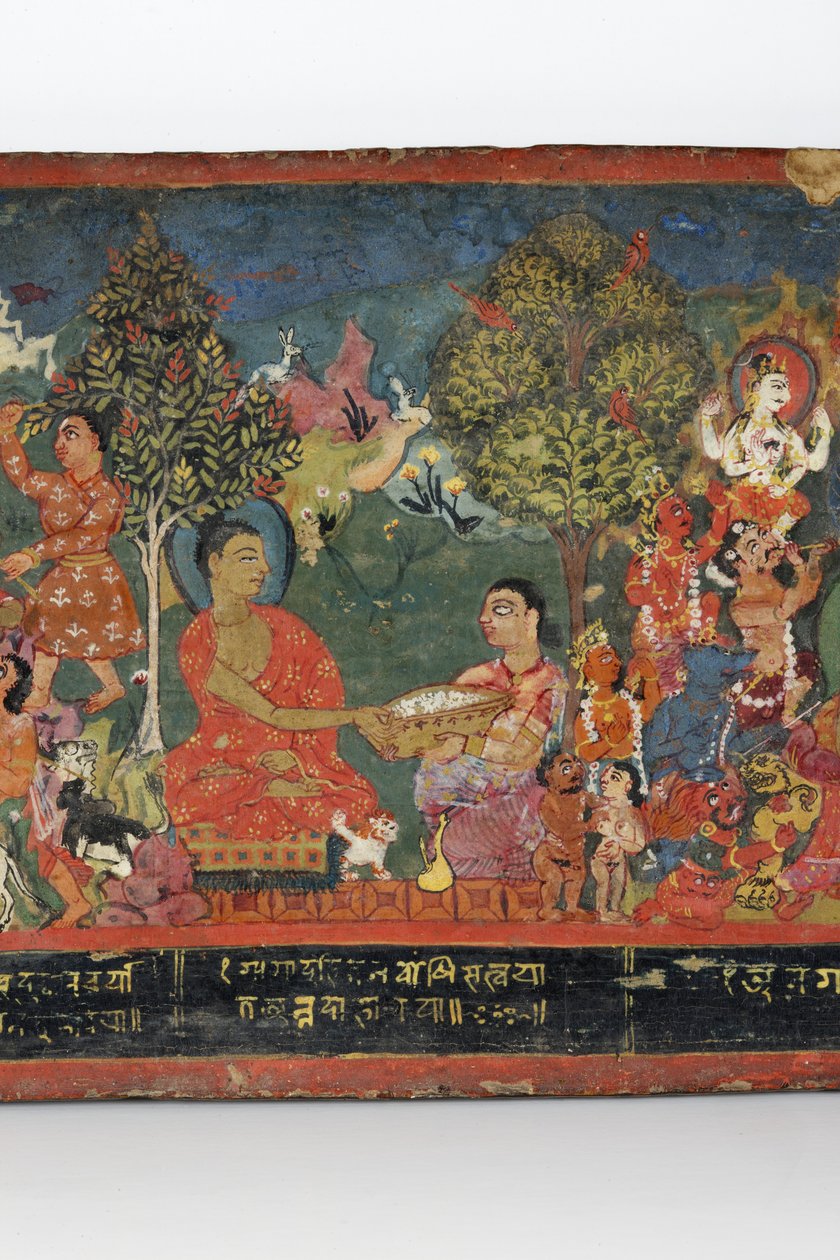 Detalje fra et buddhistisk manuskriptomslag (ugennemsigtigt wc på træ) af Nepalese School