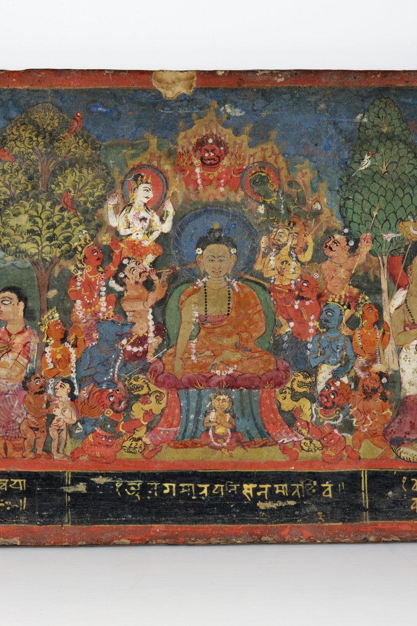 Detalje fra et buddhistisk manuskriptomslag (ugennemsigtigt wc på træ) af Nepalese School