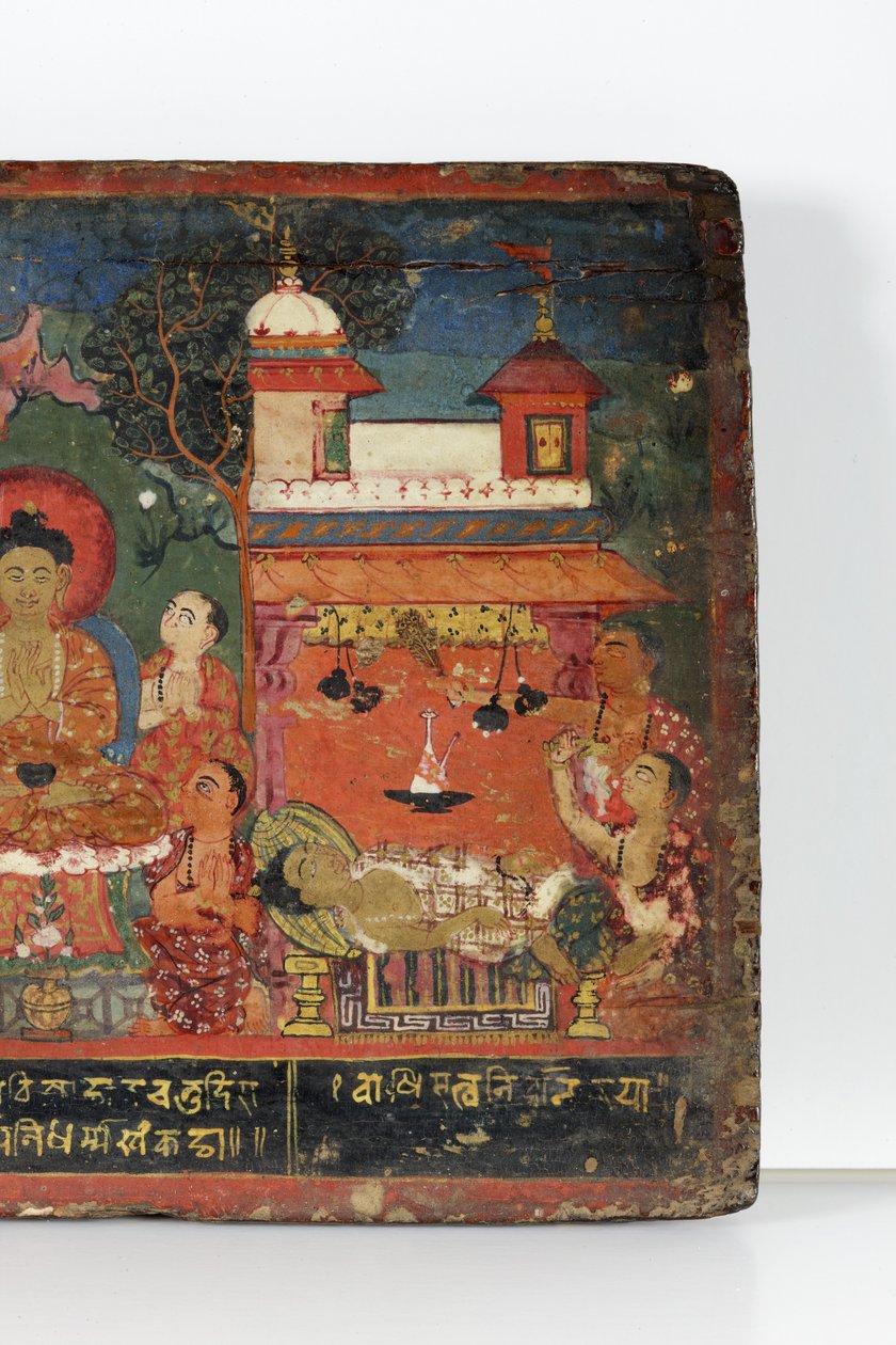 Detalje fra et buddhistisk manuskriptomslag (ugennemsigtigt wc på træ) af Nepalese School