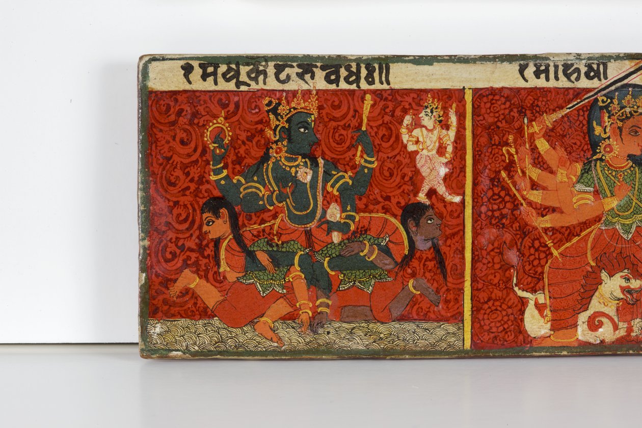 Detalje fra et Devimahatmya-manuskriptomslag (ugennemsigtigt wc på træ) af Nepalese School