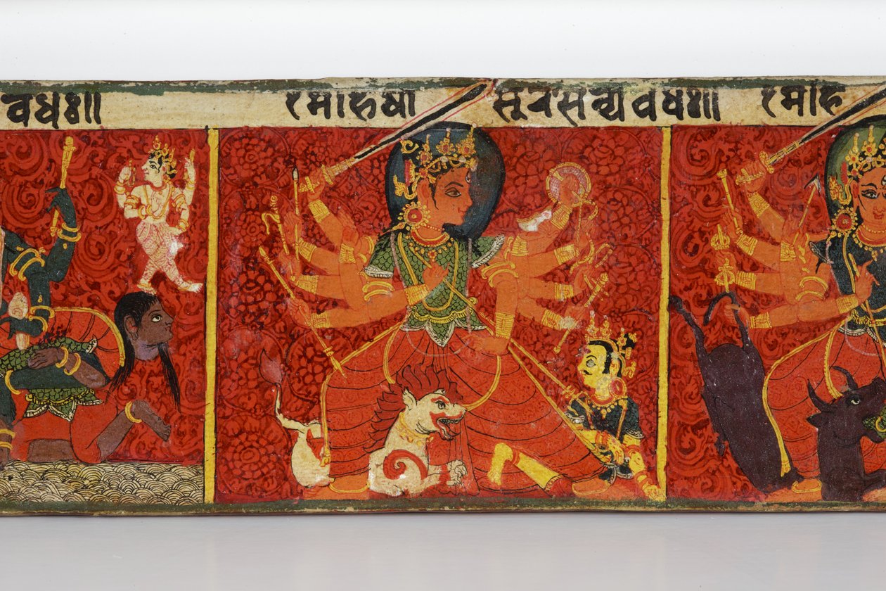 Detalje fra et Devimahatmya-manuskriptomslag (ugennemsigtigt wc på træ) af Nepalese School