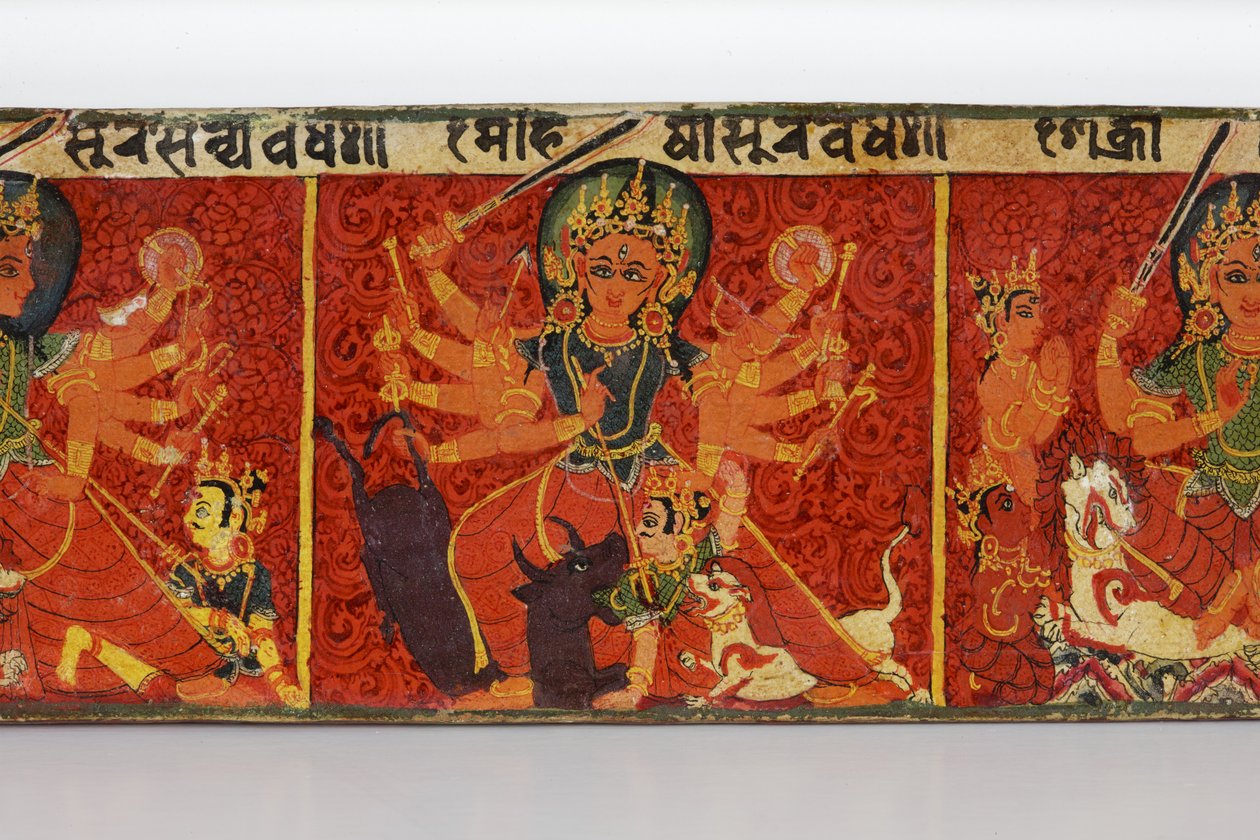Detalje fra et Devimahatmya-manuskriptomslag (ugennemsigtigt wc på træ) af Nepalese School