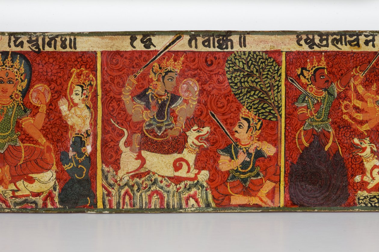 Detalje fra et Devimahatmya-manuskriptomslag (ugennemsigtigt wc på træ) af Nepalese School