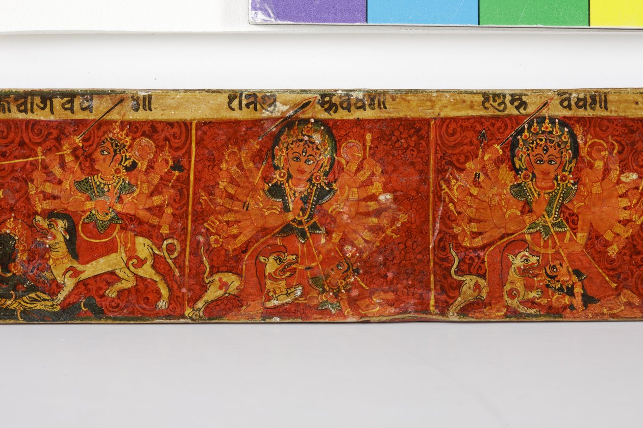 Detalje fra et Devimahatmya-manuskriptomslag (ugennemsigtigt wc på træ) af Nepalese School