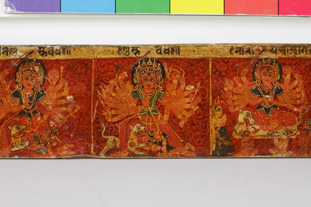 Detalje fra et Devimahatmya-manuskriptomslag (ugennemsigtigt wc på træ) af Nepalese School