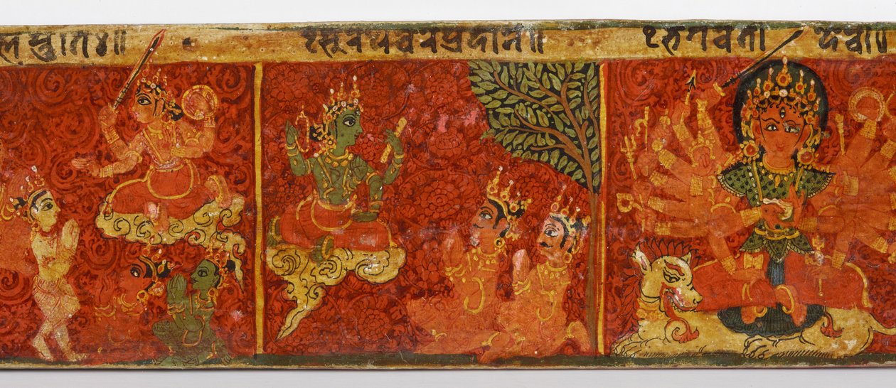 Detalje fra et Devimahatmya-manuskriptomslag (ugennemsigtigt wc på træ) af Nepalese School