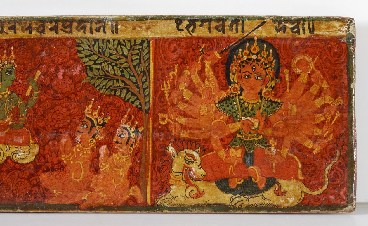 Detalje fra et Devimahatmya-manuskriptomslag (ugennemsigtigt wc på træ) af Nepalese School