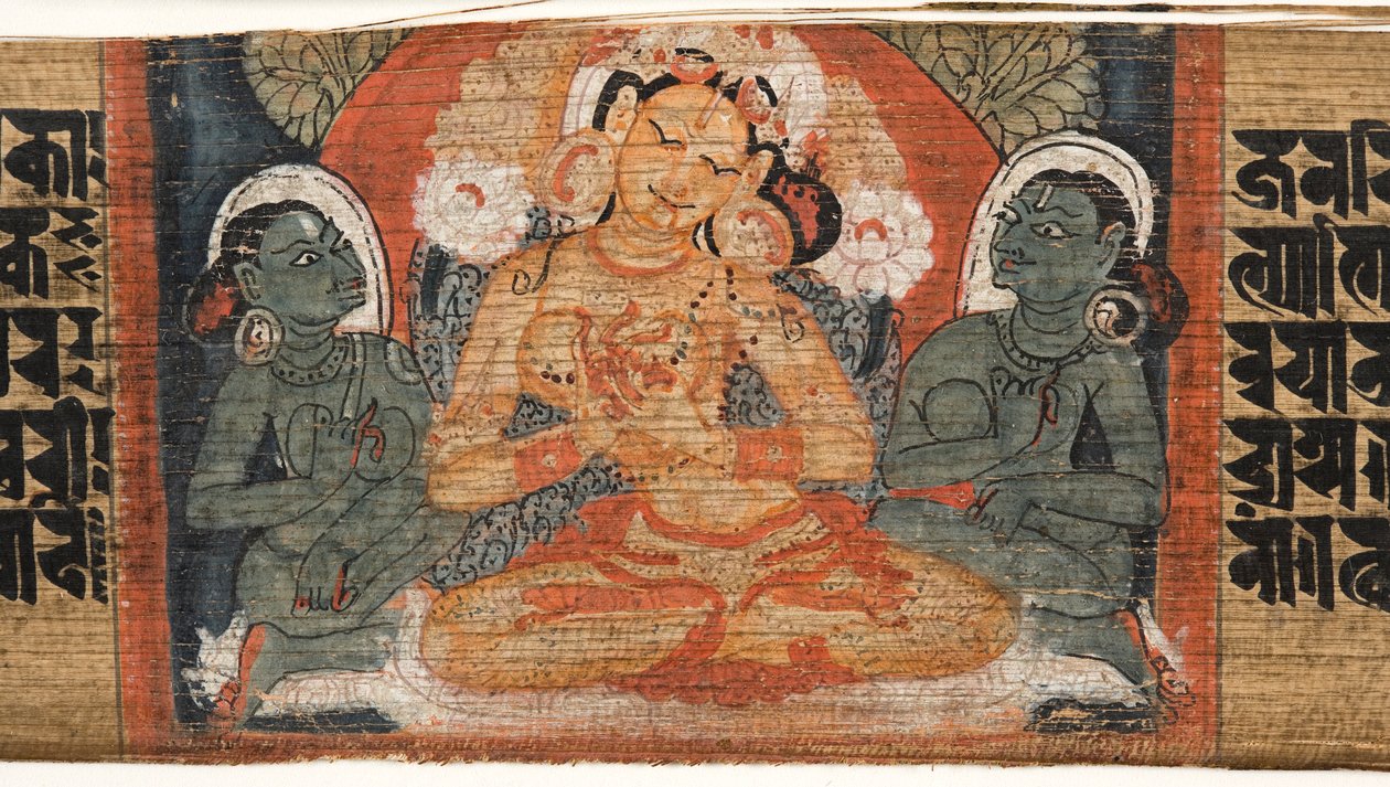 Folio 2r Goddess Prajnaparamita, fra Astasahasrika Prajnaparamita (blæk & farver på palmeblade og træ) (detalje af 430760) af Nepalese School