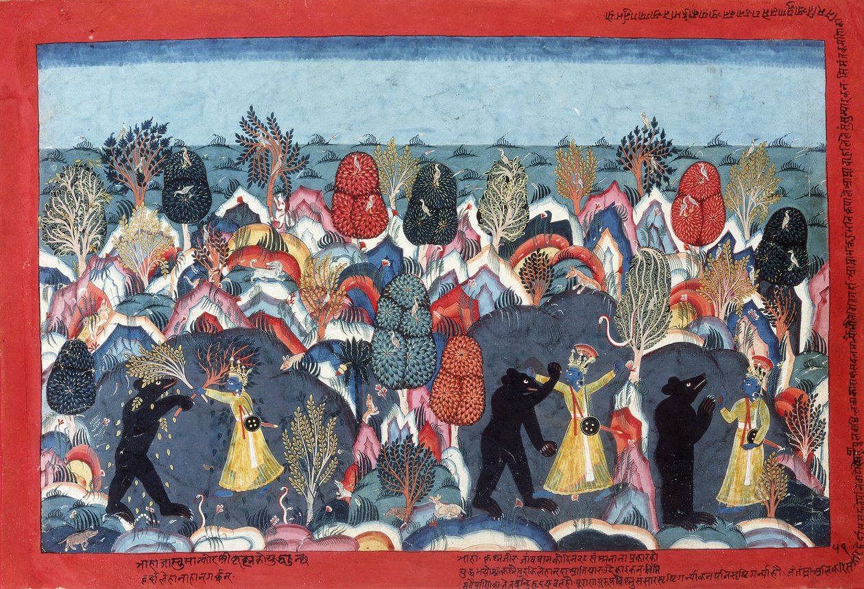 Krishna Fighting Jambavata, King of the Bears, ca. 1775 af Nepalese School