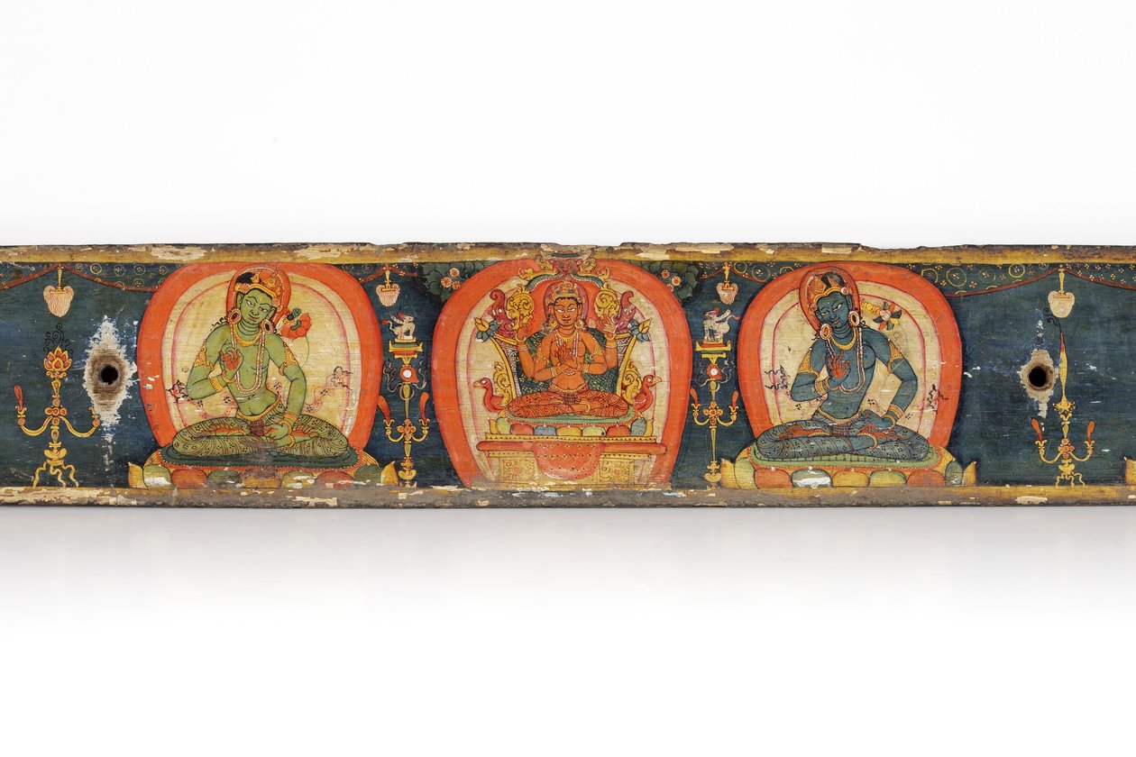 Manuskript af The Five Protections, bagside, 1138 (ugennemsigtigt wc & blæk på træ) af Nepalese School