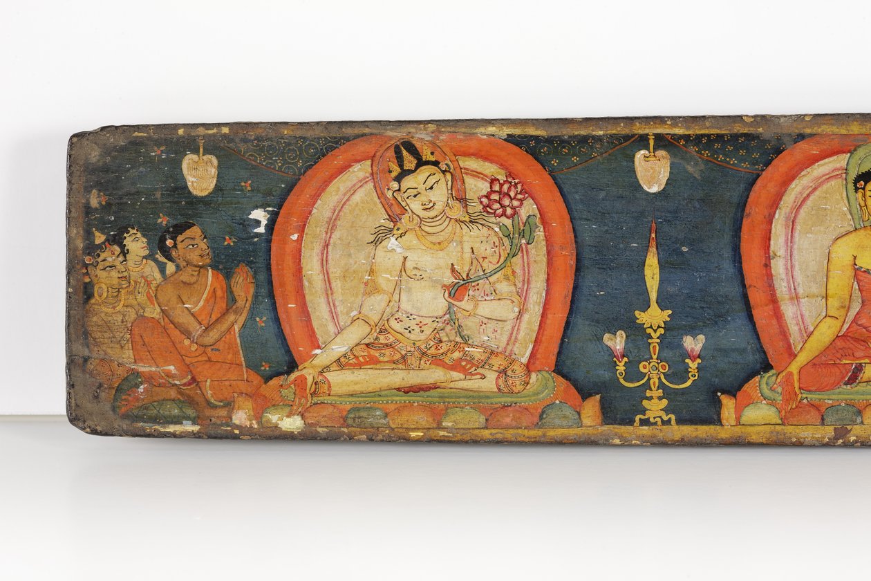 Manuskript til De fem beskyttelser, forside, 1138 (ugennemsigtigt toilet og blæk på træ) af Nepalese School