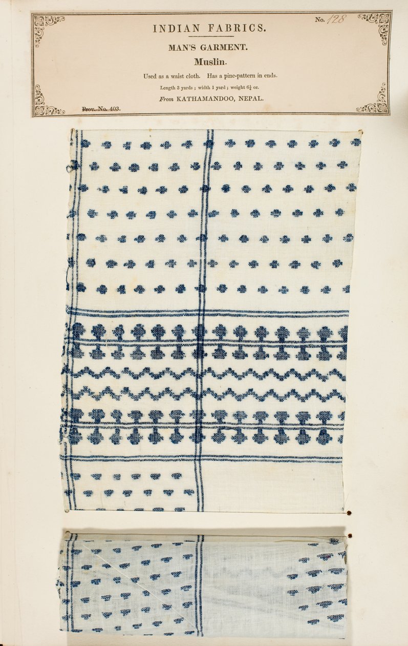 Muslinprøve fra Kathamandoo i Nepal, fra The Collection of the Textile Manufacturers of India, af John Forbes Watson, udgivet i 1866 af Nepalese School