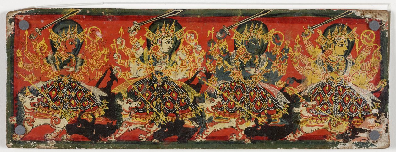Et af et par manuskriptomslag, der forestiller Devi som de otte mødre (wc på træ) af Nepalese School