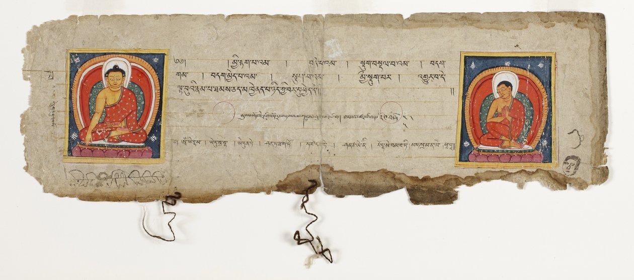 Side fra et buddhistisk manuskript, muligvis fra Mahashitalanika, ca. 1400 (ugennemsigtigt wc & blæk på papir) af Nepalese School